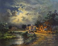 Hanif Shahzad, Moon Light Village, 35 x 46 Inch, Oil on Canvas, Cityscape Painting, AC-HNS-085